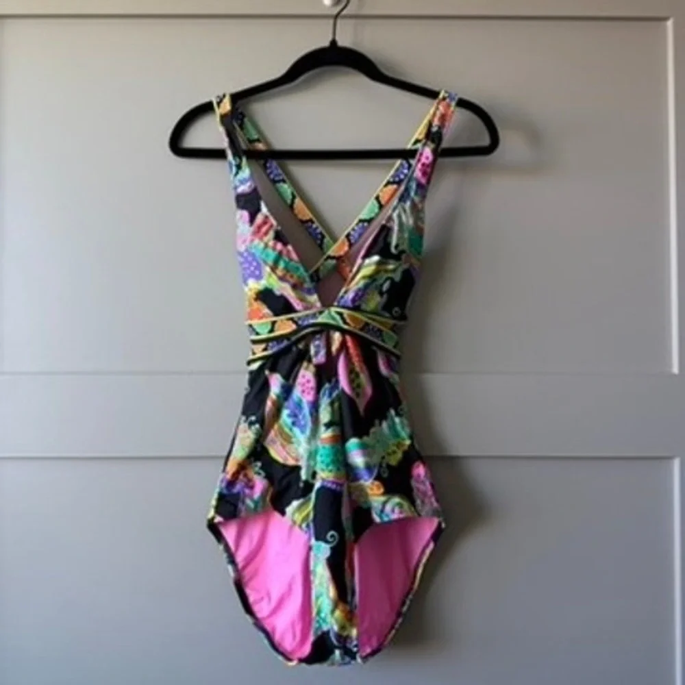 Trina Turk One Piece Swimsuit Womens Sz 8 Multi Psychedelic Strappy Back V-Neck